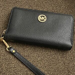 Michael Kors Black Pebbled Wristlet with Gold Logo